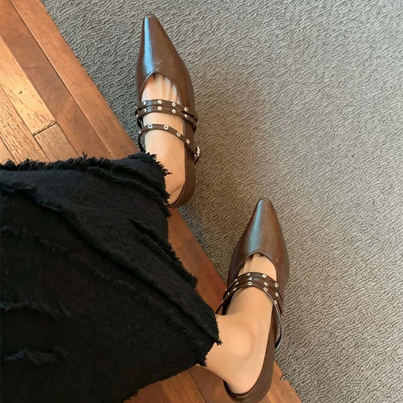 Shoeswoon Crinkle Leather Mary Janes Rivet Decor Dual Buckle Strap Low Wedge Heel Shoes
