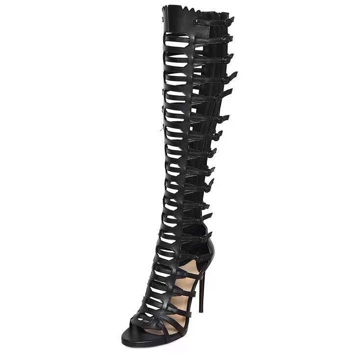 Shoeswoon Black Multi-Strap Knee-High Gladiator Heeled Sandals