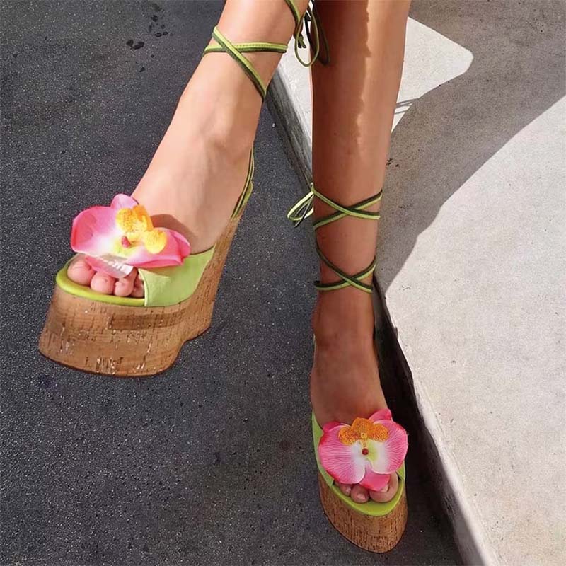 Shoeswoon Beach Vacation Floral Embellished Wrap Around Wedge Sandals