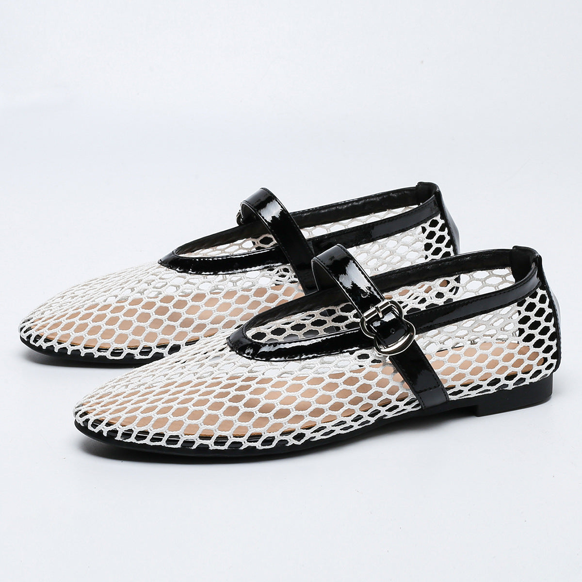 Shoeswoon Buckle Strap Fishnet Mesh Mary Jane Flats
