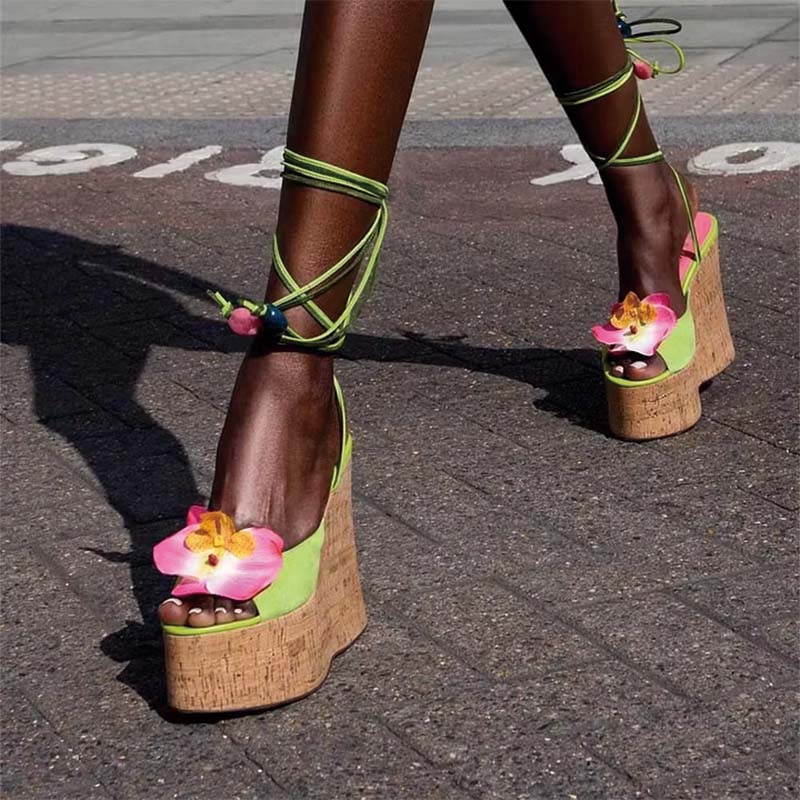 Shoeswoon Beach Vacation Floral Embellished Wrap Around Wedge Sandals