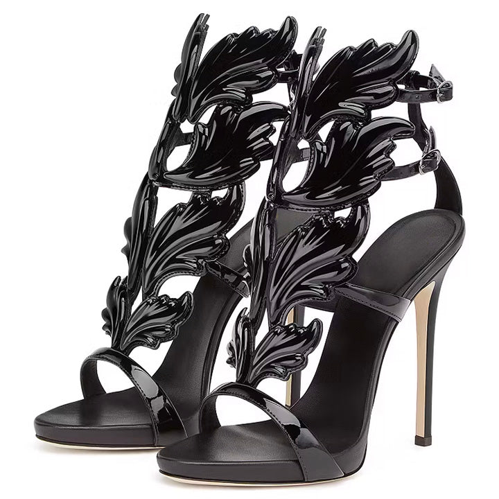 Shoeswoon Black Evening Shoes Luxury Metallic Heels Stiletto Sandals