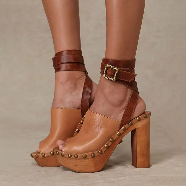 Shoeswoon Retro Wrap Buckle Chunky Platform Clog Sandals