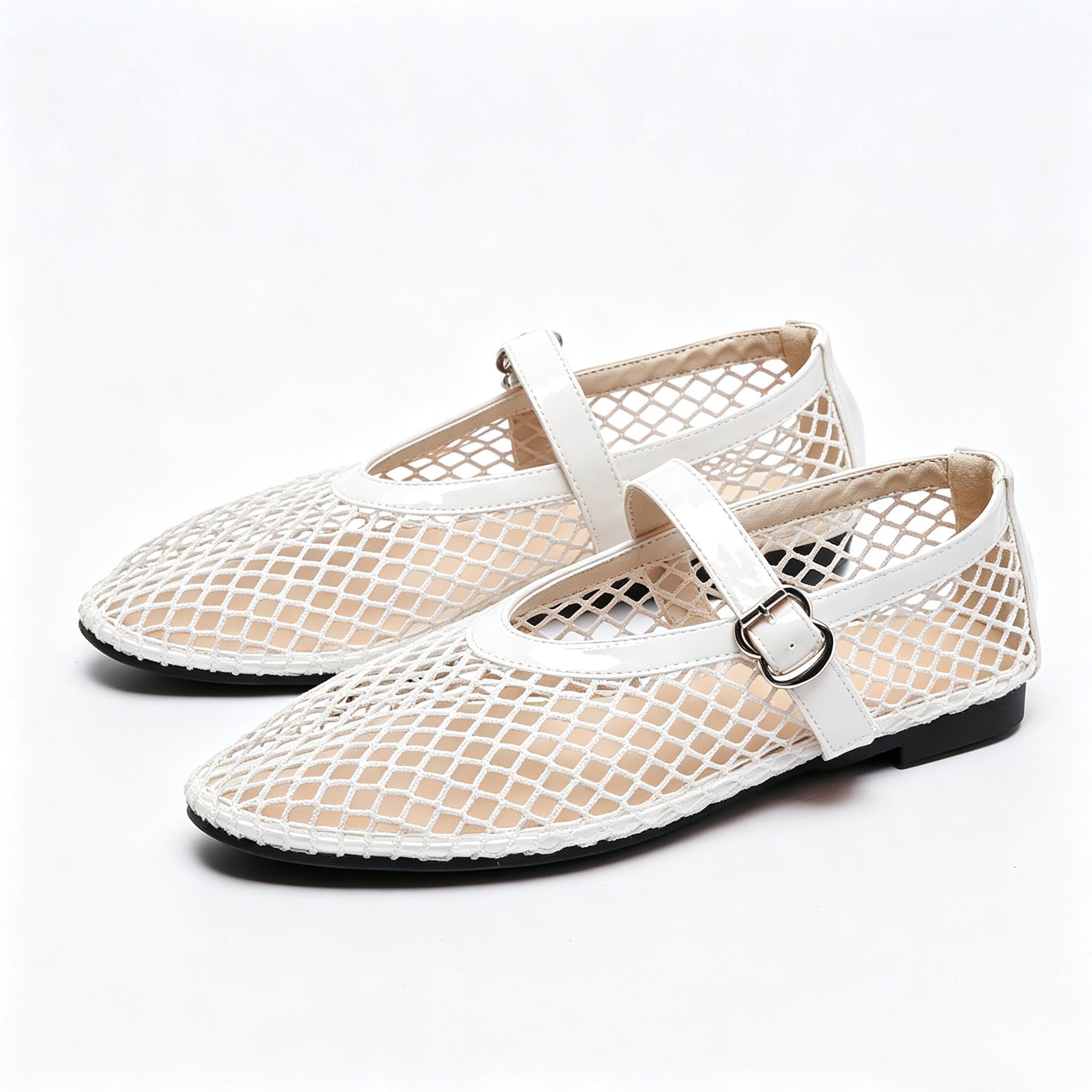 Shoeswoon Buckle Strap Fishnet Mesh Mary Jane Flats