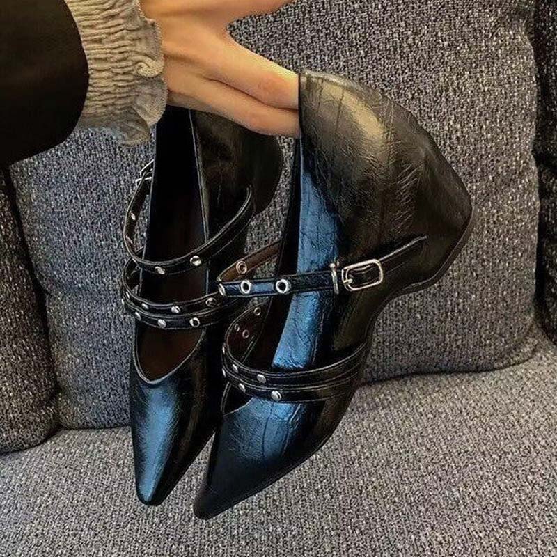 Shoeswoon Crinkle Leather Mary Janes Rivet Decor Dual Buckle Strap Low Wedge Heel Shoes