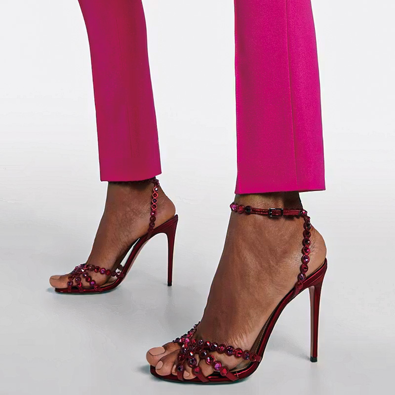 Shoeswoon Metallic Multi-Colored Crystal Ankle Strap Stiletto Heel Sandals