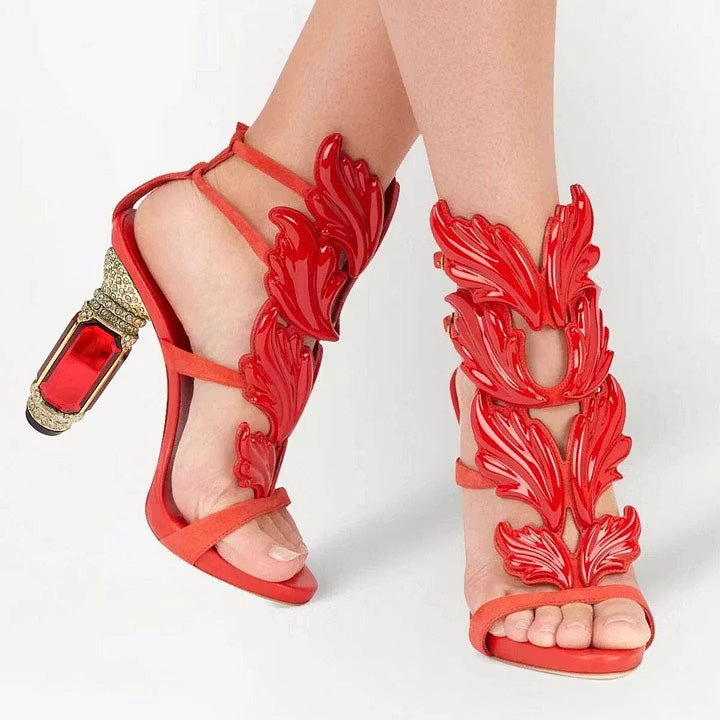 Shoeswoon Red Open Toe Buckle Strappy Rhinestone Sculptural Heeled Sandals