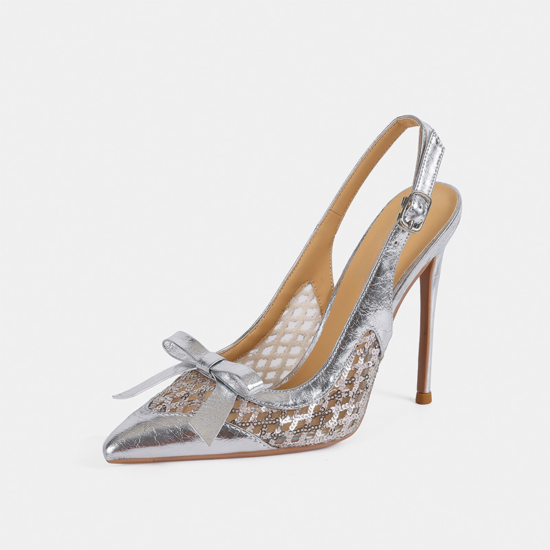 Shoeswoon Hollow Mesh Slingback Pumps Mini Bow Decor Adjustable Buckle High Heels