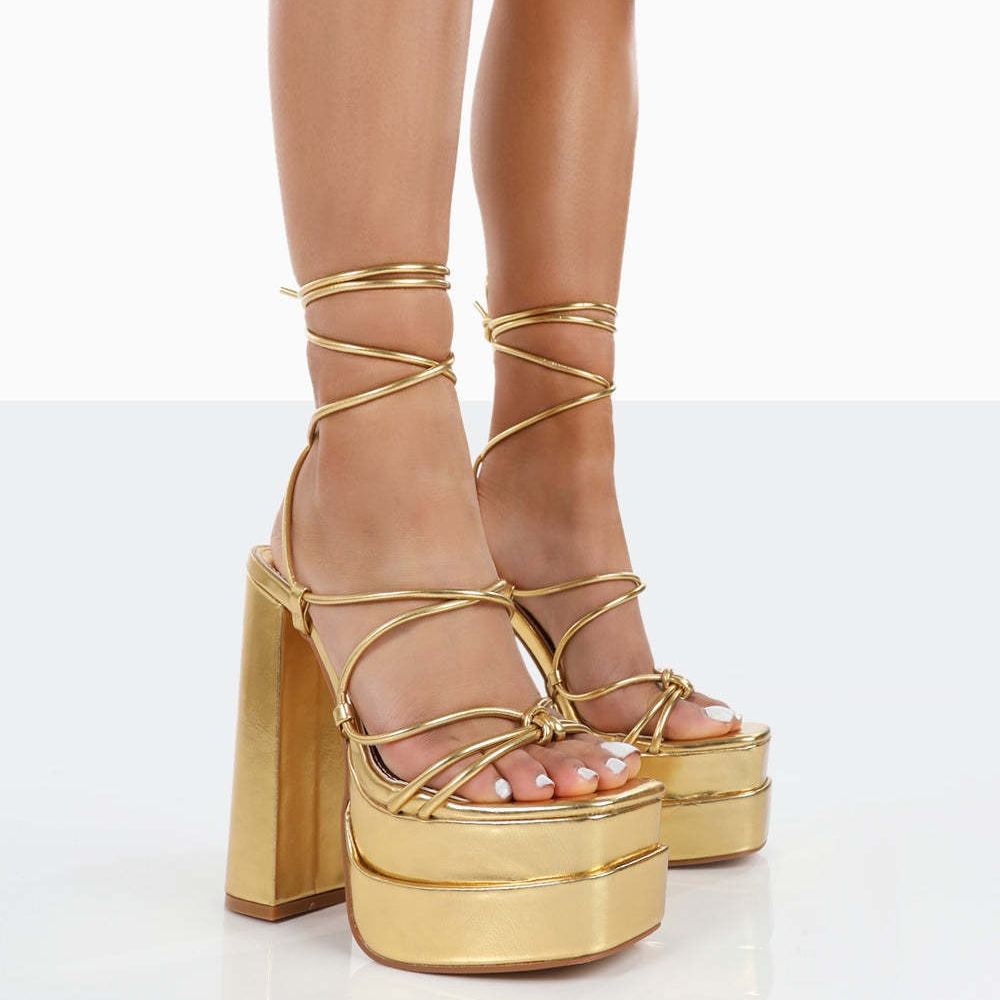 Shoeswoon Square Toe Platform Lace Up Ankle Wrap Chunky Heel Sandals