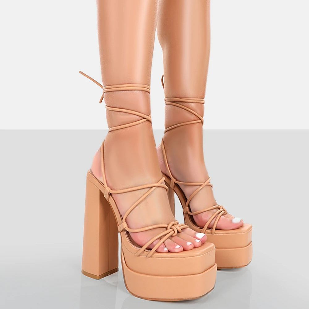 Shoeswoon Square Toe Platform Lace Up Ankle Wrap Chunky Heel Sandals