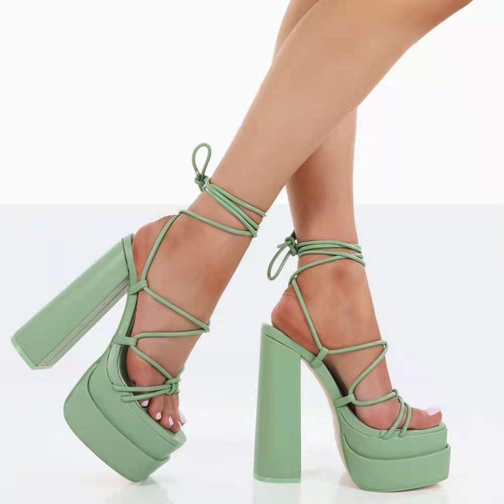 Shoeswoon Square Toe Platform Lace Up Ankle Wrap Chunky Heel Sandals
