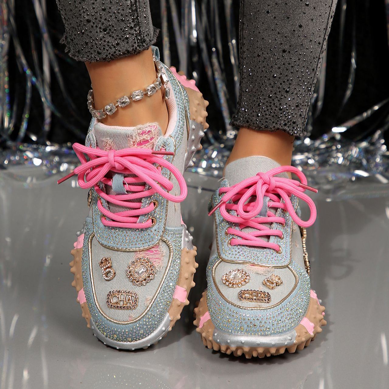 Shoeswoon Denim Rhinestone Embellished Multi‑Charm Chunky Platform Sneaker Shoes