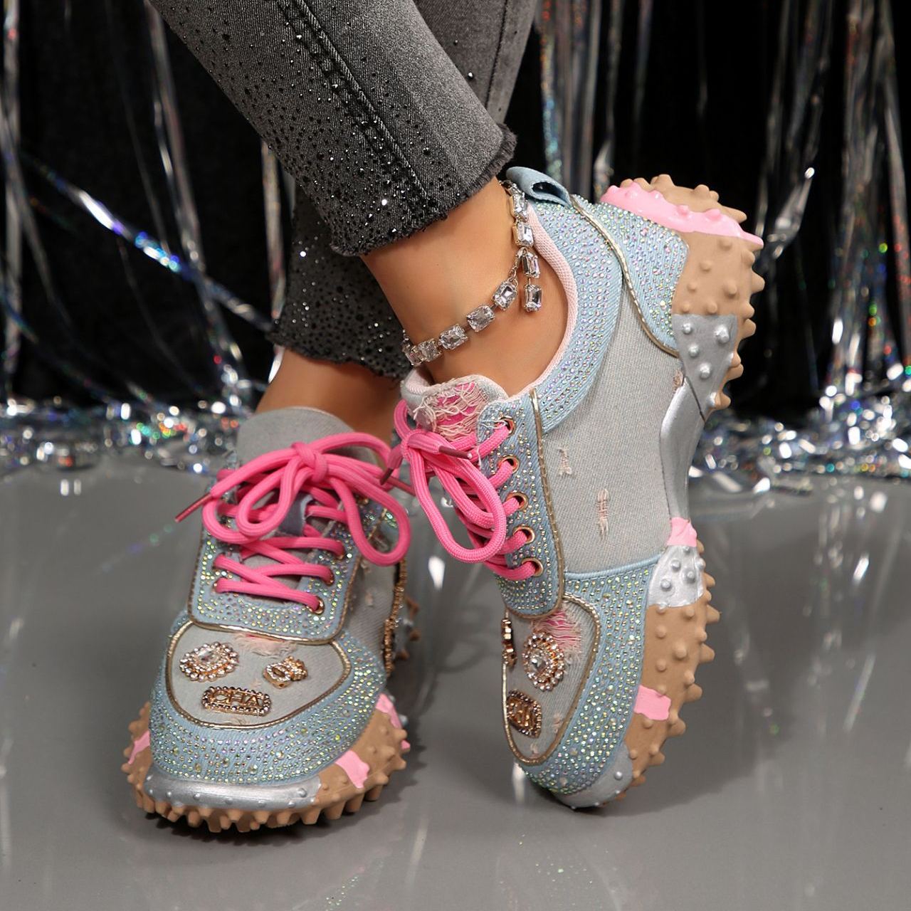 Shoeswoon Denim Rhinestone Embellished Multi‑Charm Chunky Platform Sneaker Shoes