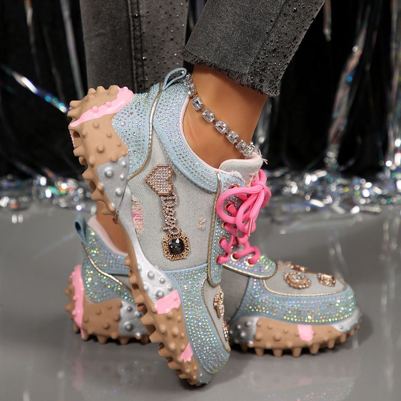 Shoeswoon Denim Rhinestone Embellished Multi‑Charm Chunky Platform Sneaker Shoes