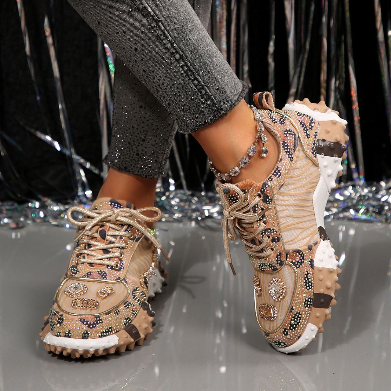 Shoeswoon Denim Rhinestone Embellished Multi‑Charm Chunky Platform Sneaker Shoes