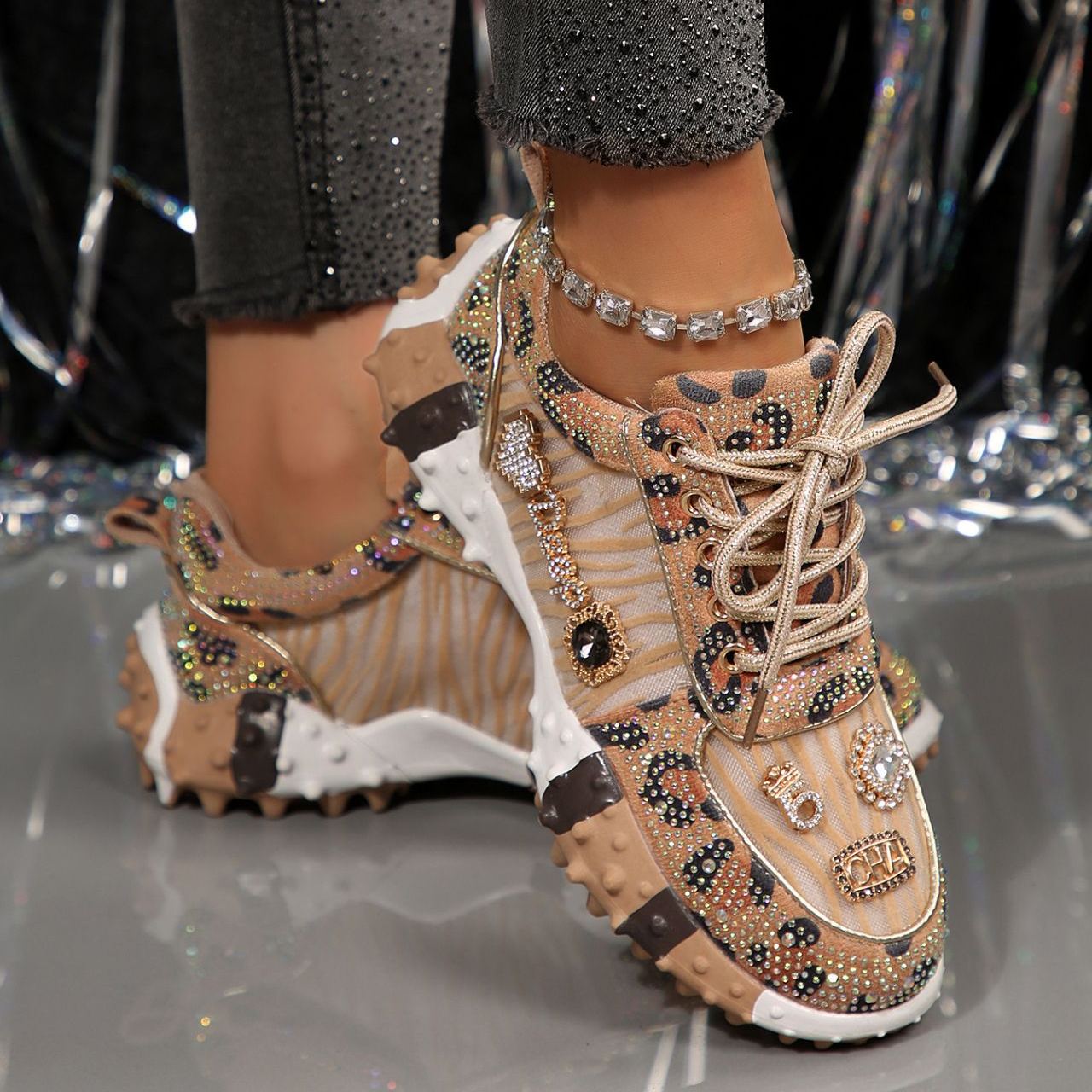 Shoeswoon Denim Rhinestone Embellished Multi‑Charm Chunky Platform Sneaker Shoes