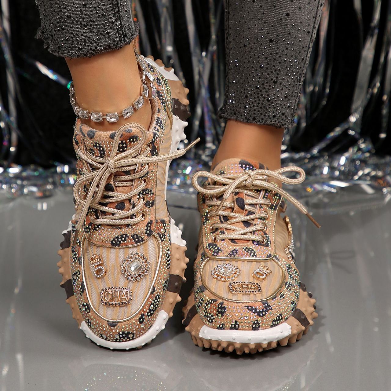 Shoeswoon Denim Rhinestone Embellished Multi‑Charm Chunky Platform Sneaker Shoes
