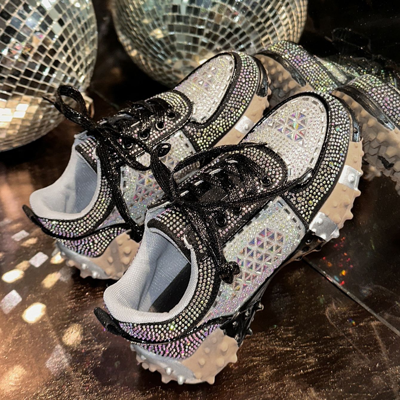 Shoeswoon Bling Sparkly Crystal Embellished Rugged Sole Y2K Casual Sneaker Shoes
