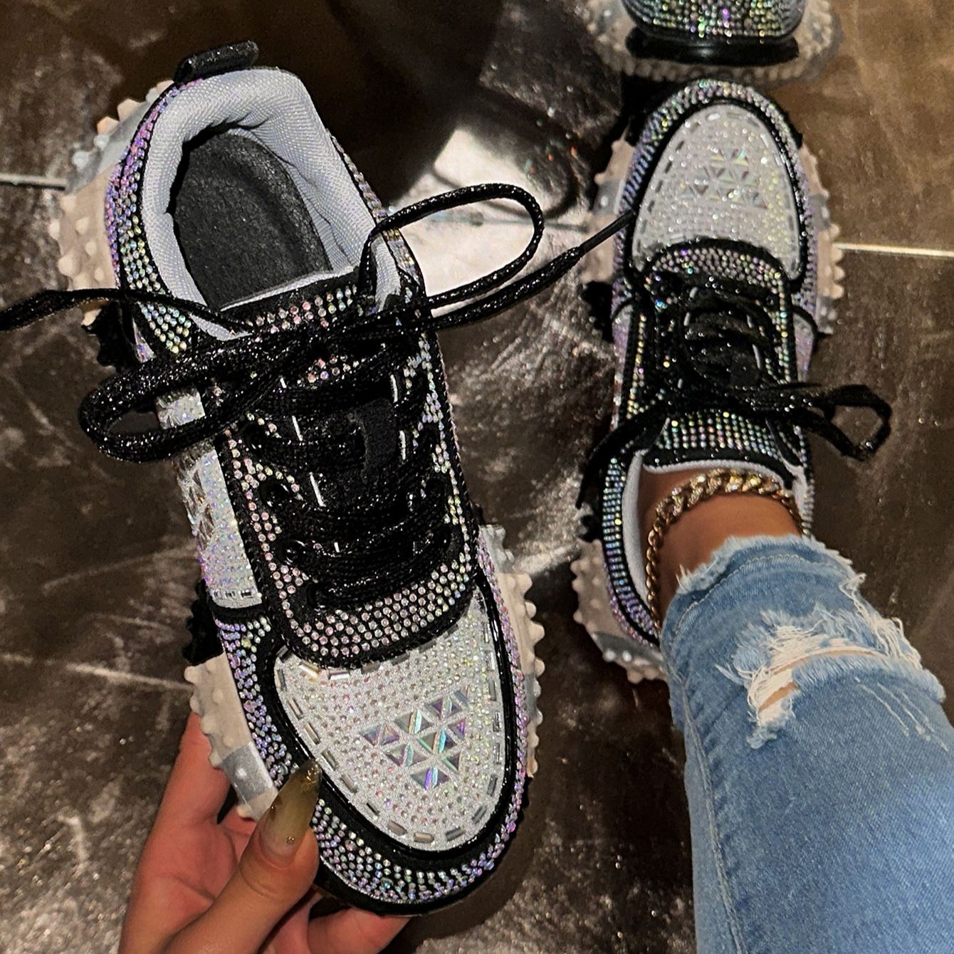 Shoeswoon Bling Sparkly Crystal Embellished Rugged Sole Y2K Casual Sneaker Shoes