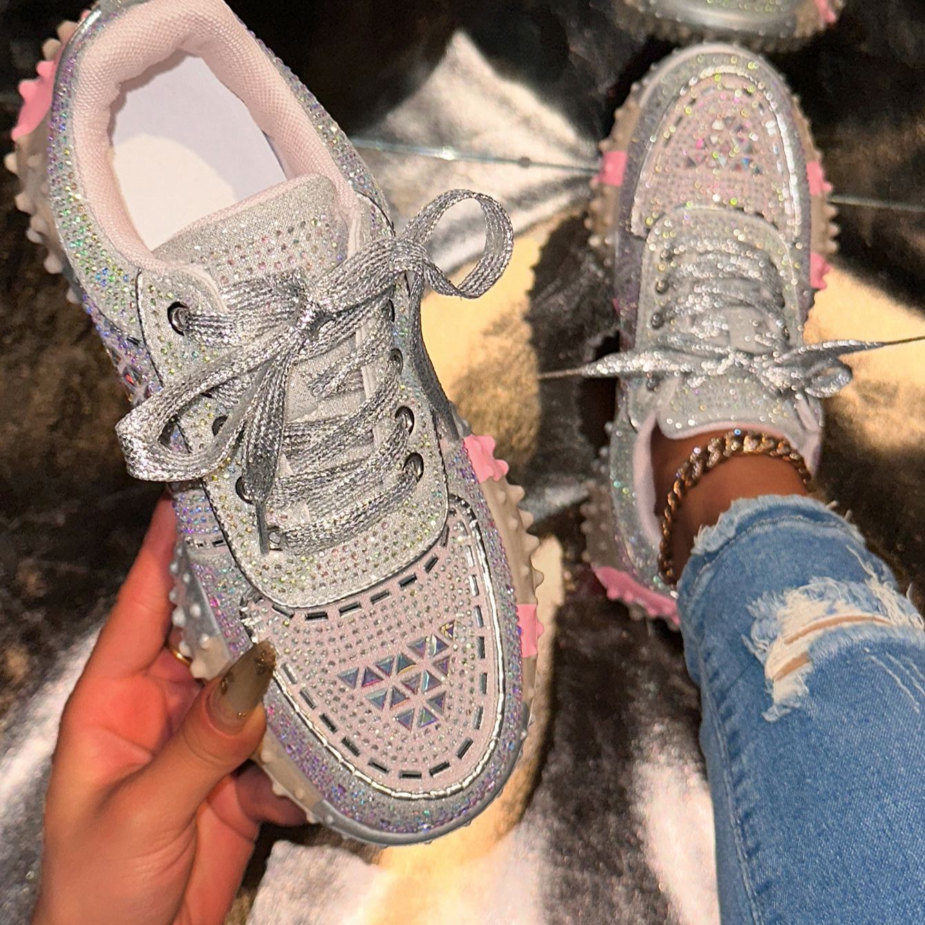 Shoeswoon Bling Sparkly Crystal Embellished Rugged Sole Y2K Casual Sneaker Shoes