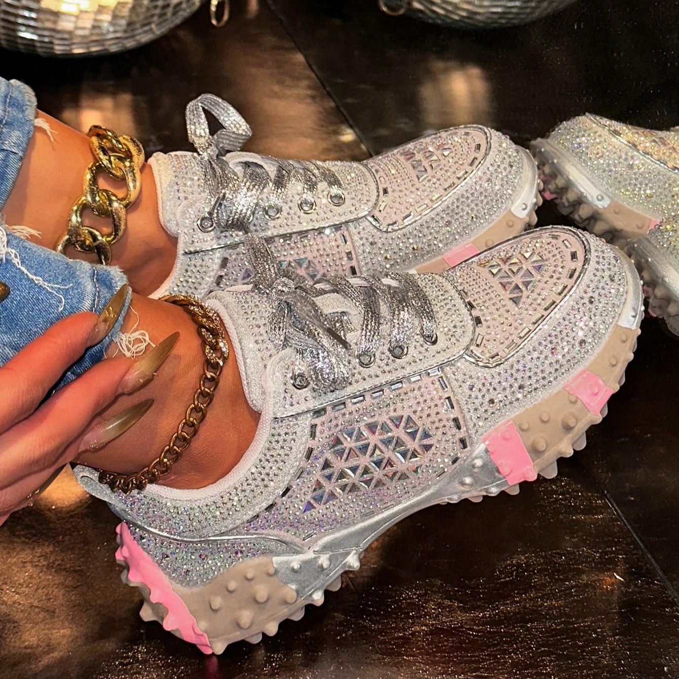 Shoeswoon Bling Sparkly Crystal Embellished Rugged Sole Y2K Casual Sneaker Shoes