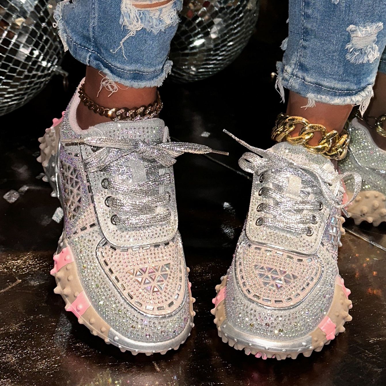 Shoeswoon Bling Sparkly Crystal Embellished Rugged Sole Y2K Casual Sneaker Shoes