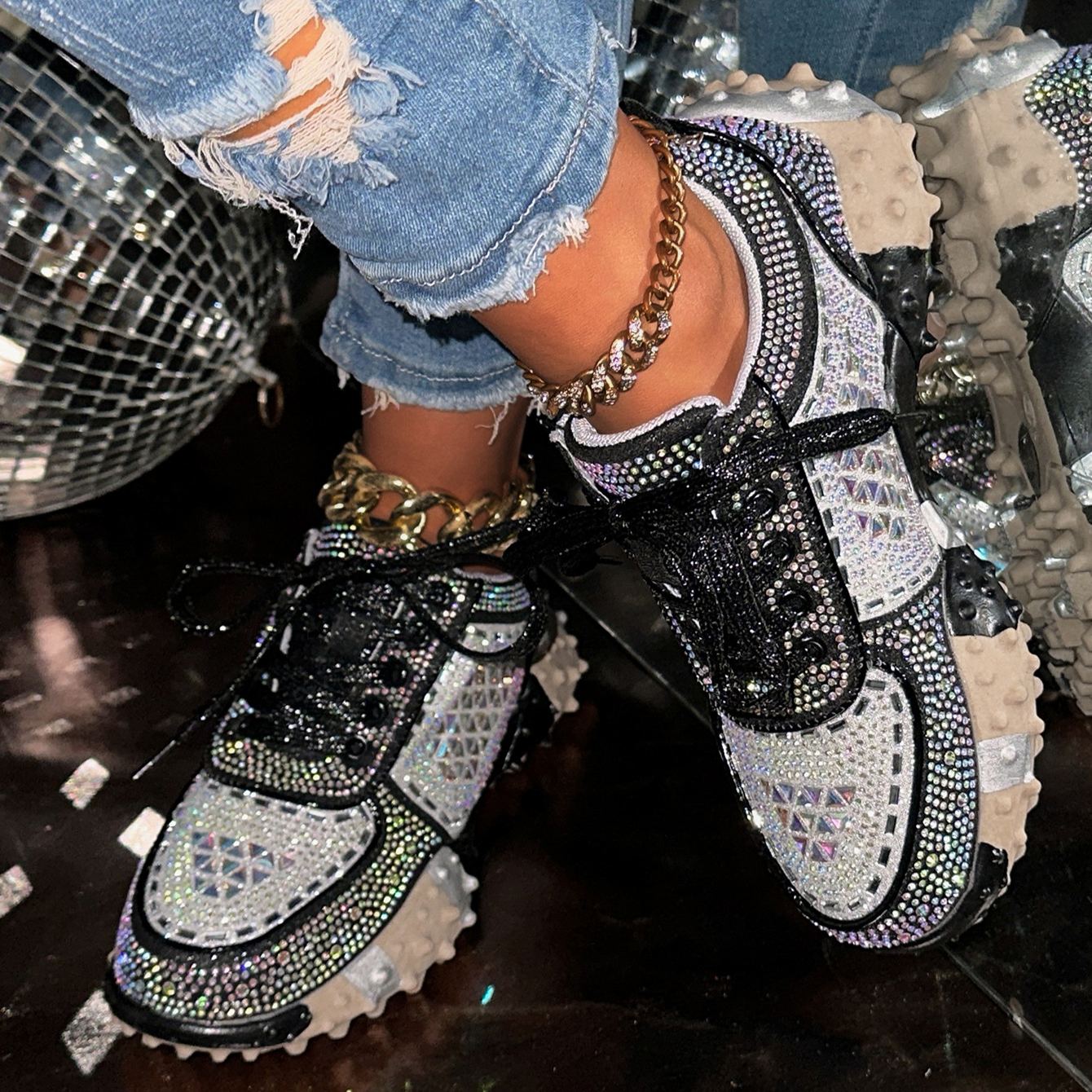 Shoeswoon Bling Sparkly Crystal Embellished Rugged Sole Y2K Casual Sneaker Shoes