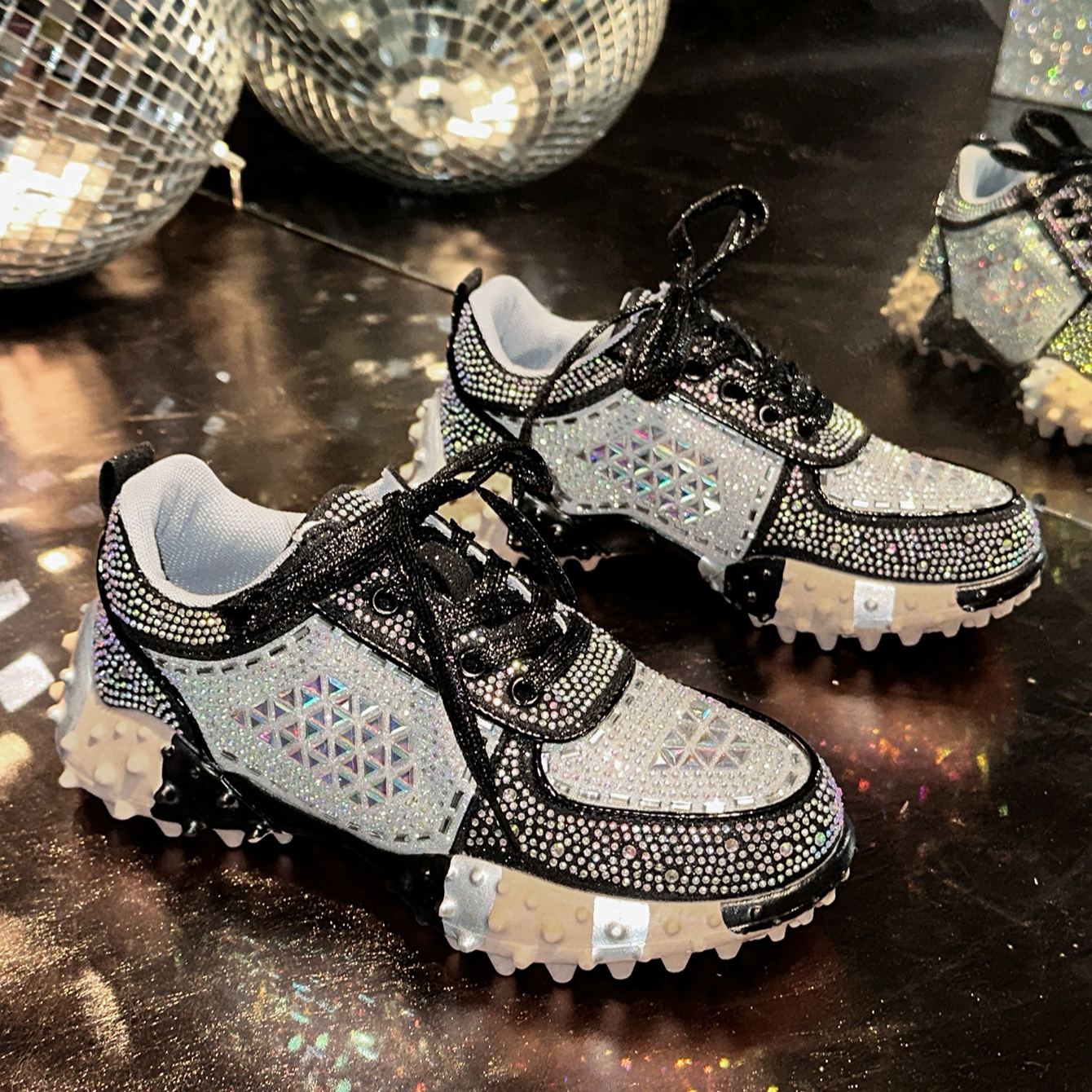 Shoeswoon Bling Sparkly Crystal Embellished Rugged Sole Y2K Casual Sneaker Shoes