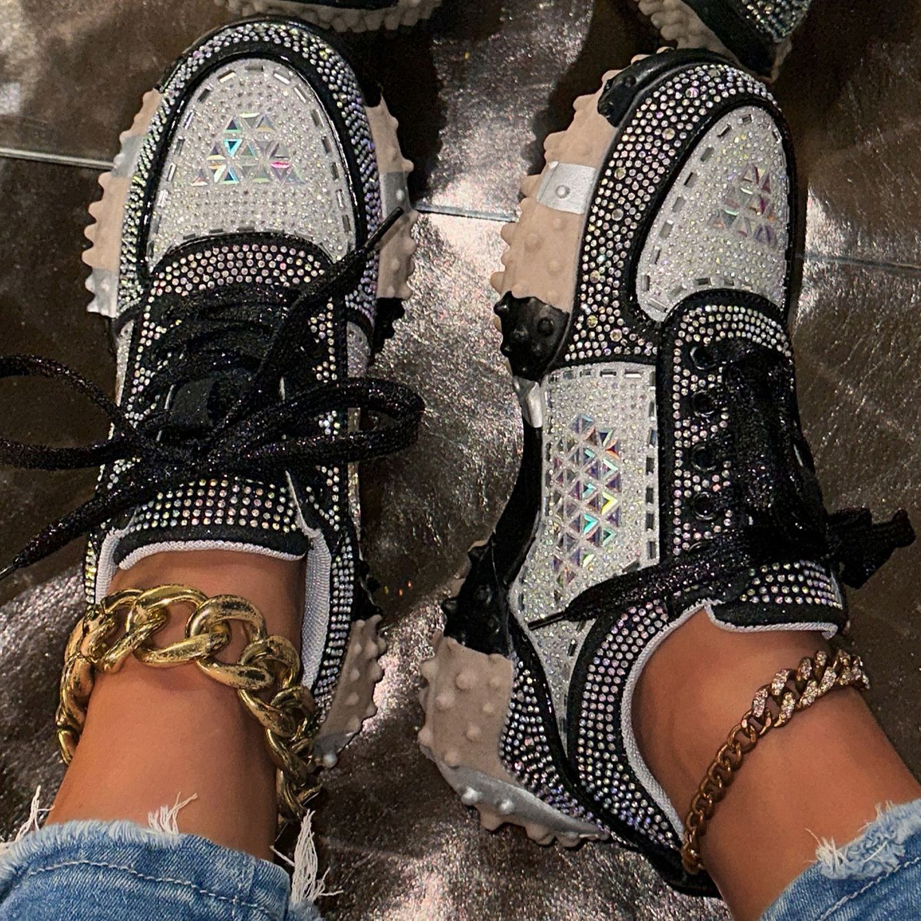 Shoeswoon Bling Sparkly Crystal Embellished Rugged Sole Y2K Casual Sneaker Shoes