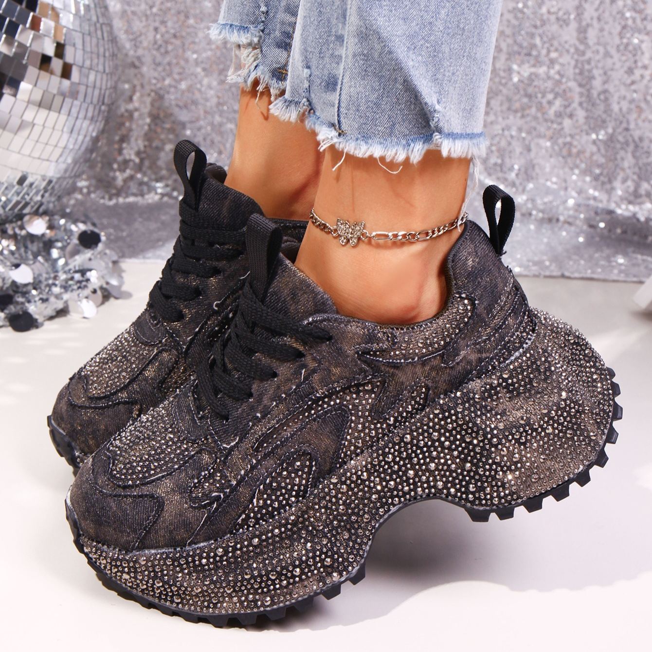 Shoeswoon Multi‑Color Denim Rhinestone Lace‑Up Chunky Platform Women's Sneakers
