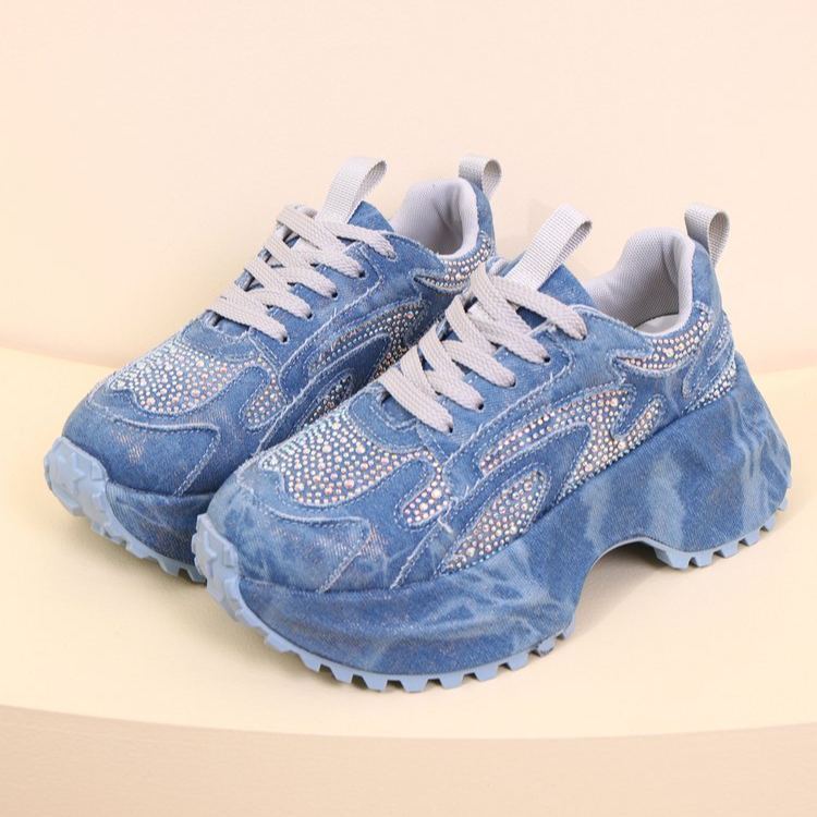 Shoeswoon Multi‑Color Denim Rhinestone Lace‑Up Chunky Platform Women's Sneakers
