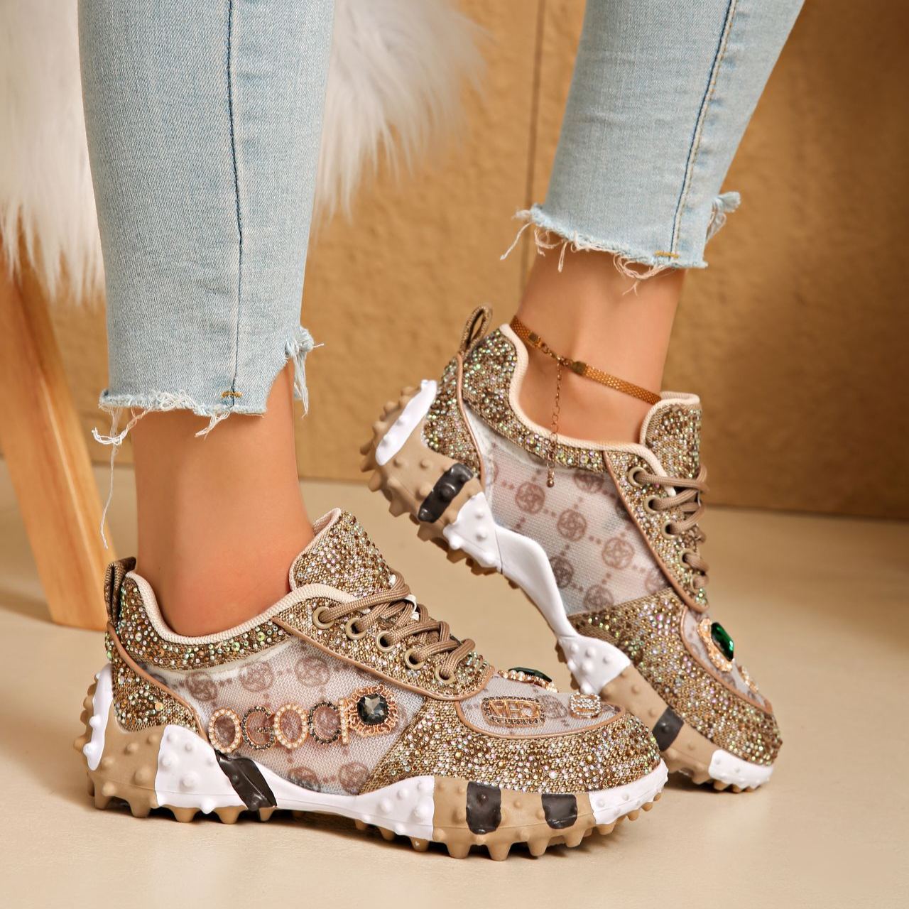 Shoeswoon Vintage Gold Bling Crystal Jewel Ornament Lace‑Up Mesh Panel Fashion Sneaker Shoes
