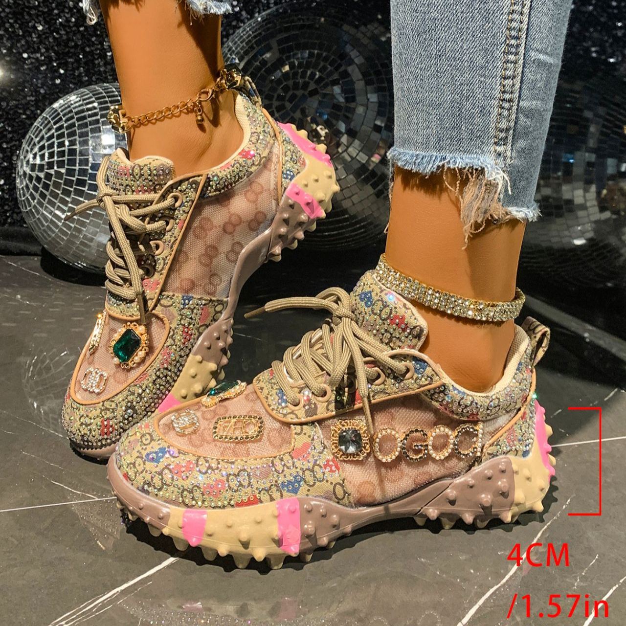 Shoeswoon Vintage Gold Bling Crystal Jewel Ornament Lace‑Up Mesh Panel Fashion Sneaker Shoes