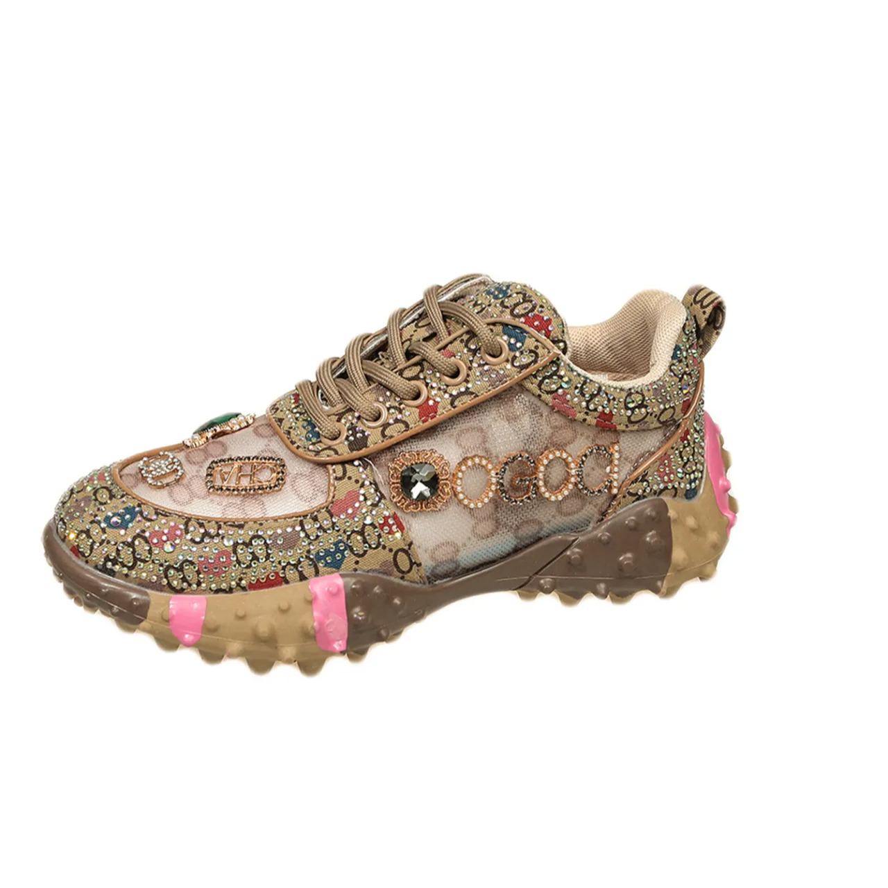 Shoeswoon Vintage Gold Bling Crystal Jewel Ornament Lace‑Up Mesh Panel Fashion Sneaker Shoes