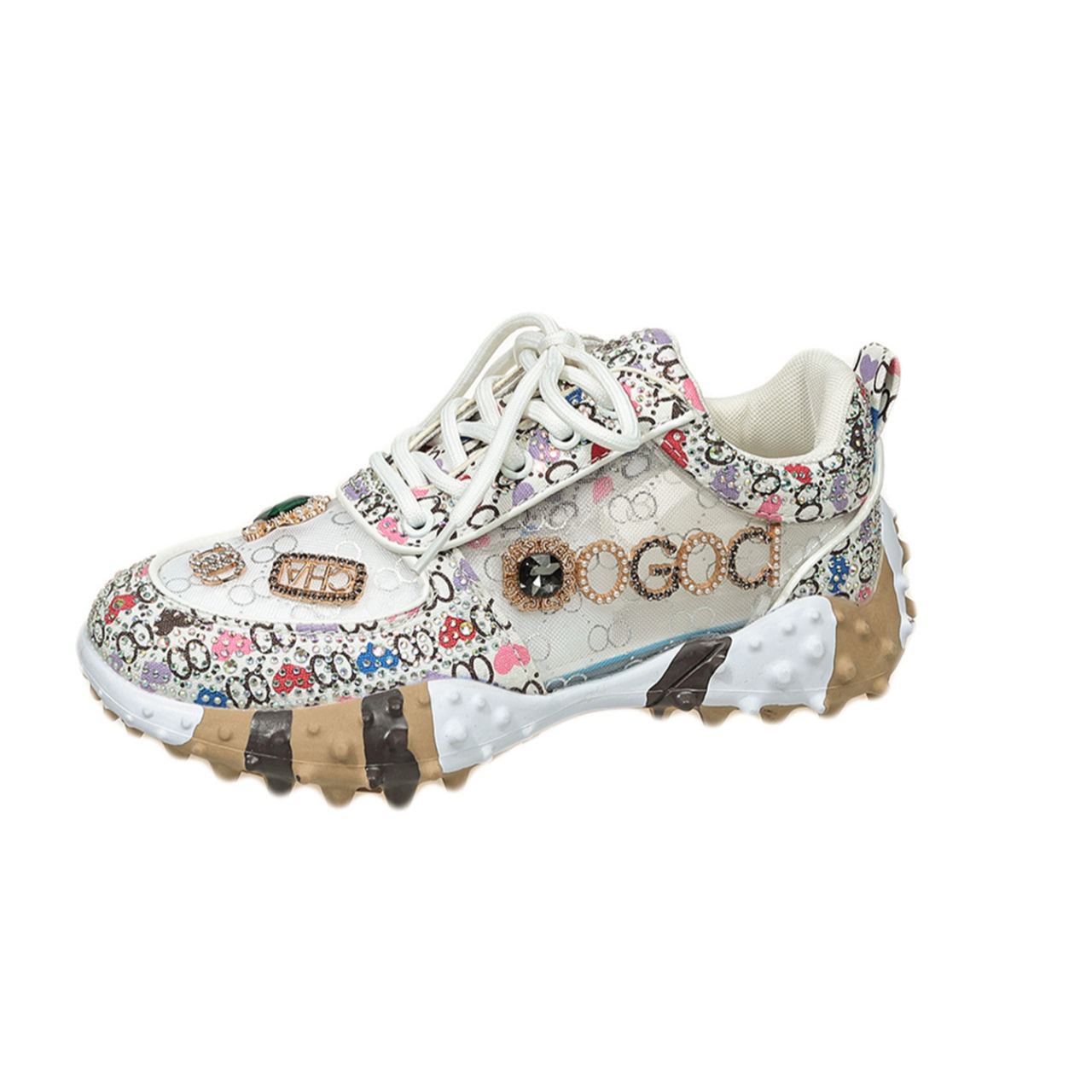 Shoeswoon Vintage Gold Bling Crystal Jewel Ornament Lace‑Up Mesh Panel Fashion Sneaker Shoes