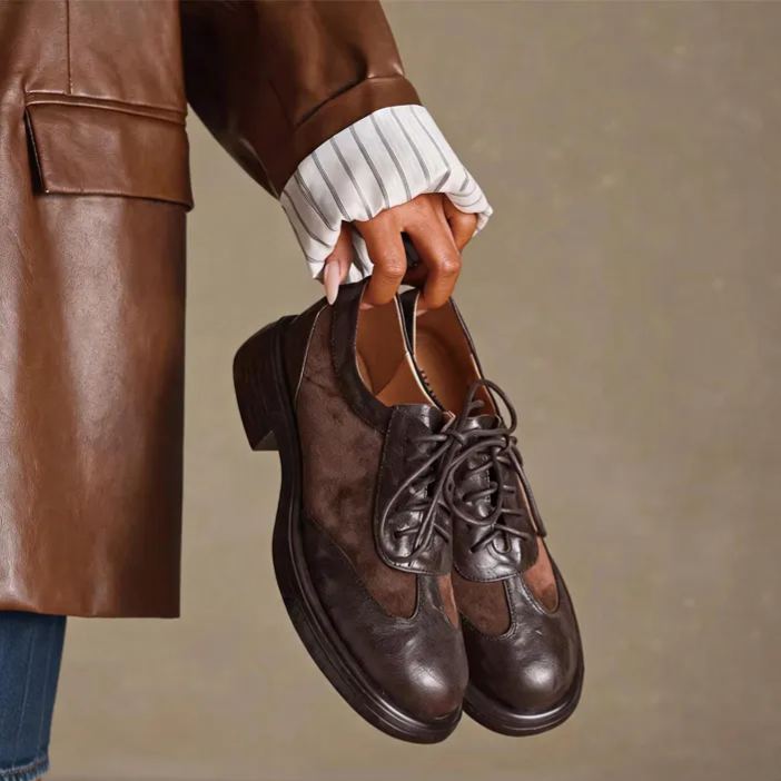 Shoeswoon Vintage Mixed‑Material Brogue Round Toe Lace‑Up Chunky Sole Women Retro Oxfords