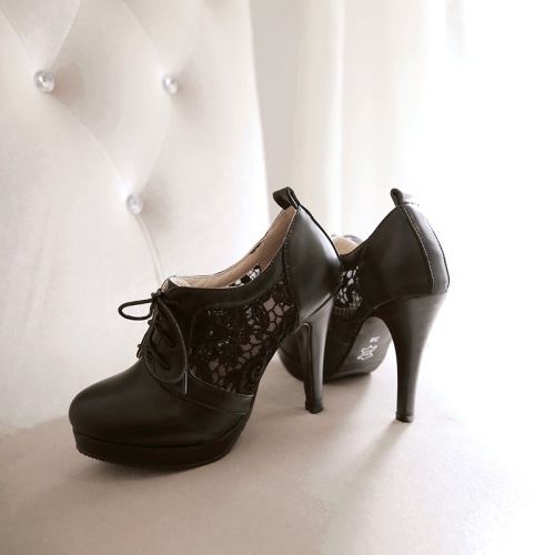 Shoeswoon Front Lace‑Up Round Toe Pumps Hollow Lace Splice Platform Stiletto Heel