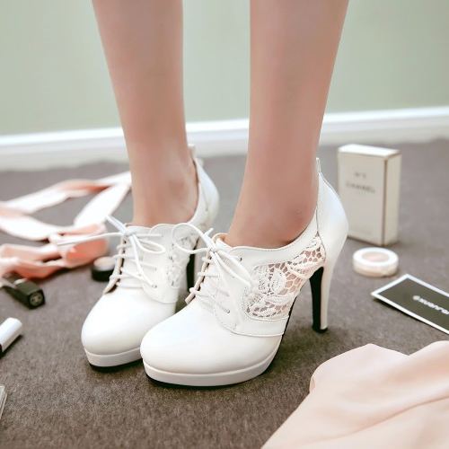Shoeswoon Front Lace‑Up Round Toe Pumps Hollow Lace Splice Platform Stiletto Heel