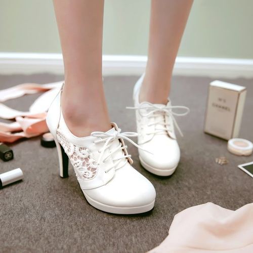 Shoeswoon Front Lace‑Up Round Toe Pumps Hollow Lace Splice Platform Stiletto Heel