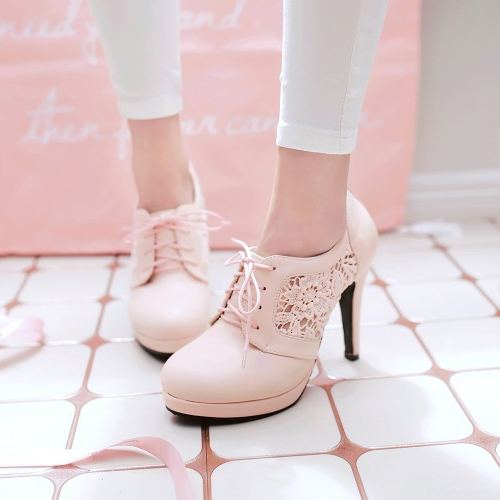 Shoeswoon Front Lace‑Up Round Toe Pumps Hollow Lace Splice Platform Stiletto Heel