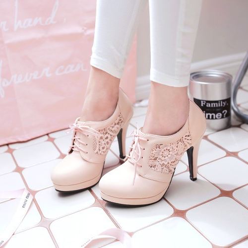 Shoeswoon Front Lace‑Up Round Toe Pumps Hollow Lace Splice Platform Stiletto Heel