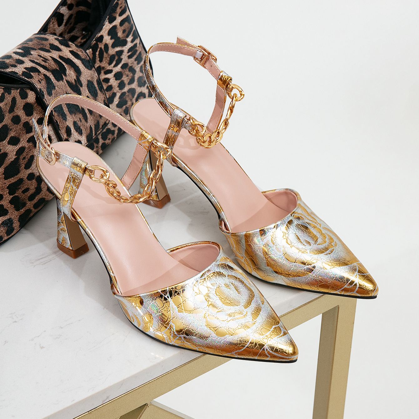 Shoeswoon Floral Print Slingback Pumps Pointed Toe Metal Chain Ankle Strap Sculpted Heel