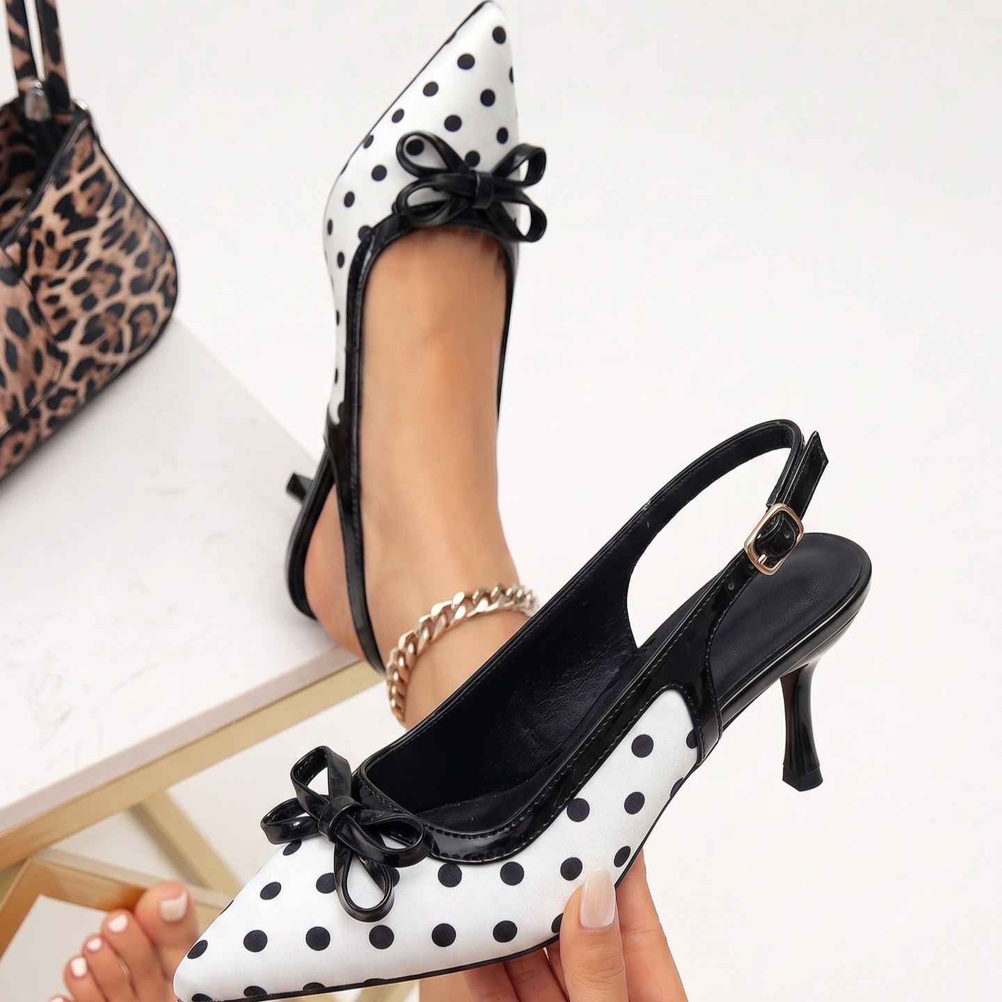 Shoeswoon Polka‑Dot Slingback Pumps Pointed Toe Bow Decor Contrast Trim Kitten Heel