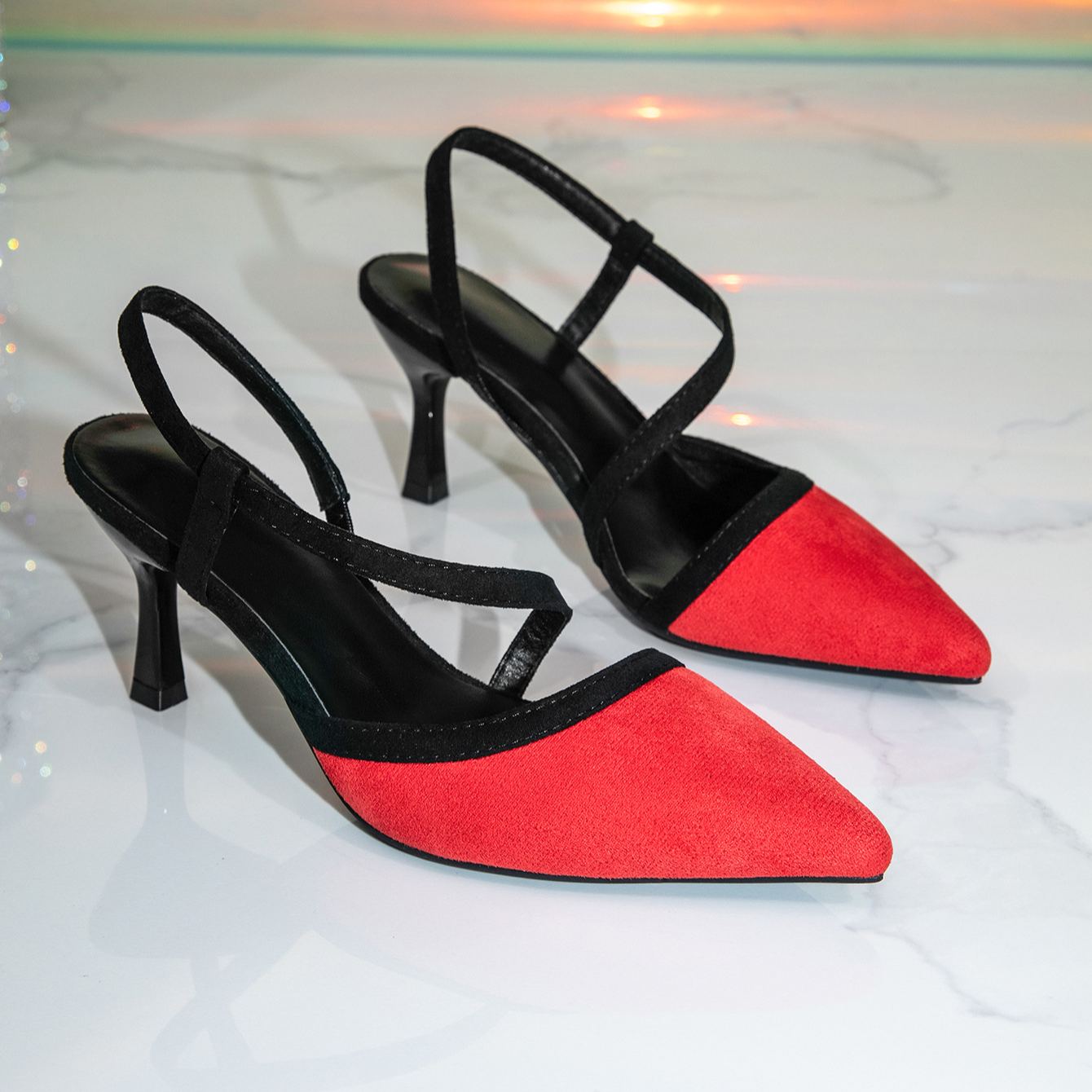 Shoeswoon Contrast Trim Slingback Pumps Pointed Toe Criss‑Cross Elastic Strap Slim Stiletto Heel