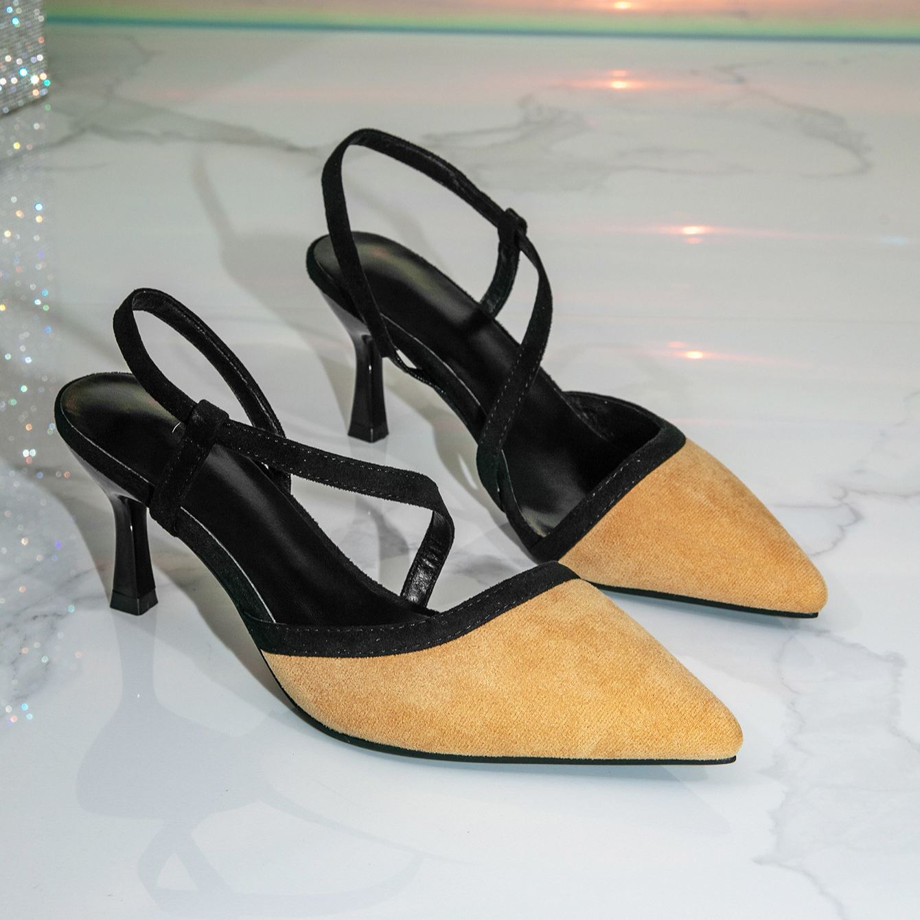 Shoeswoon Contrast Trim Slingback Pumps Pointed Toe Criss‑Cross Elastic Strap Slim Stiletto Heel