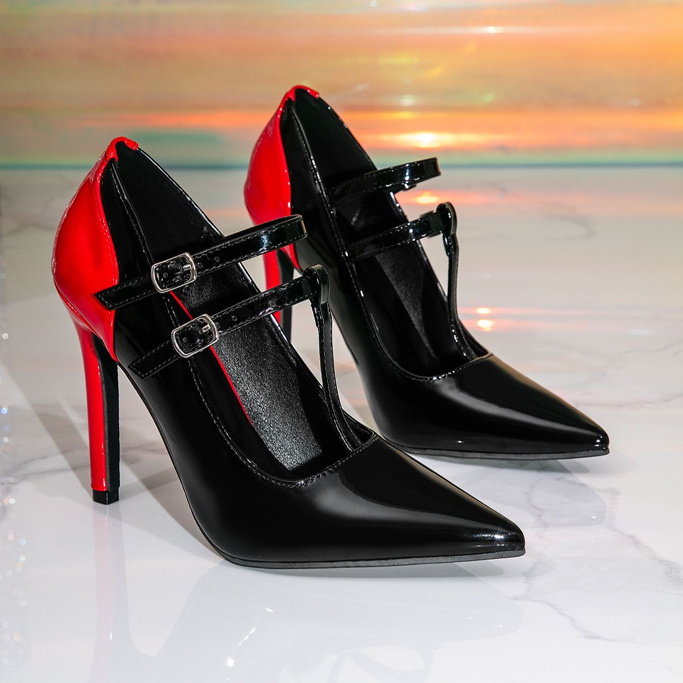 Shoeswoon Two‑Tone Pointed Toe Pumps Double Buckle Ankle Straps Glossy Patent Stiletto Heel