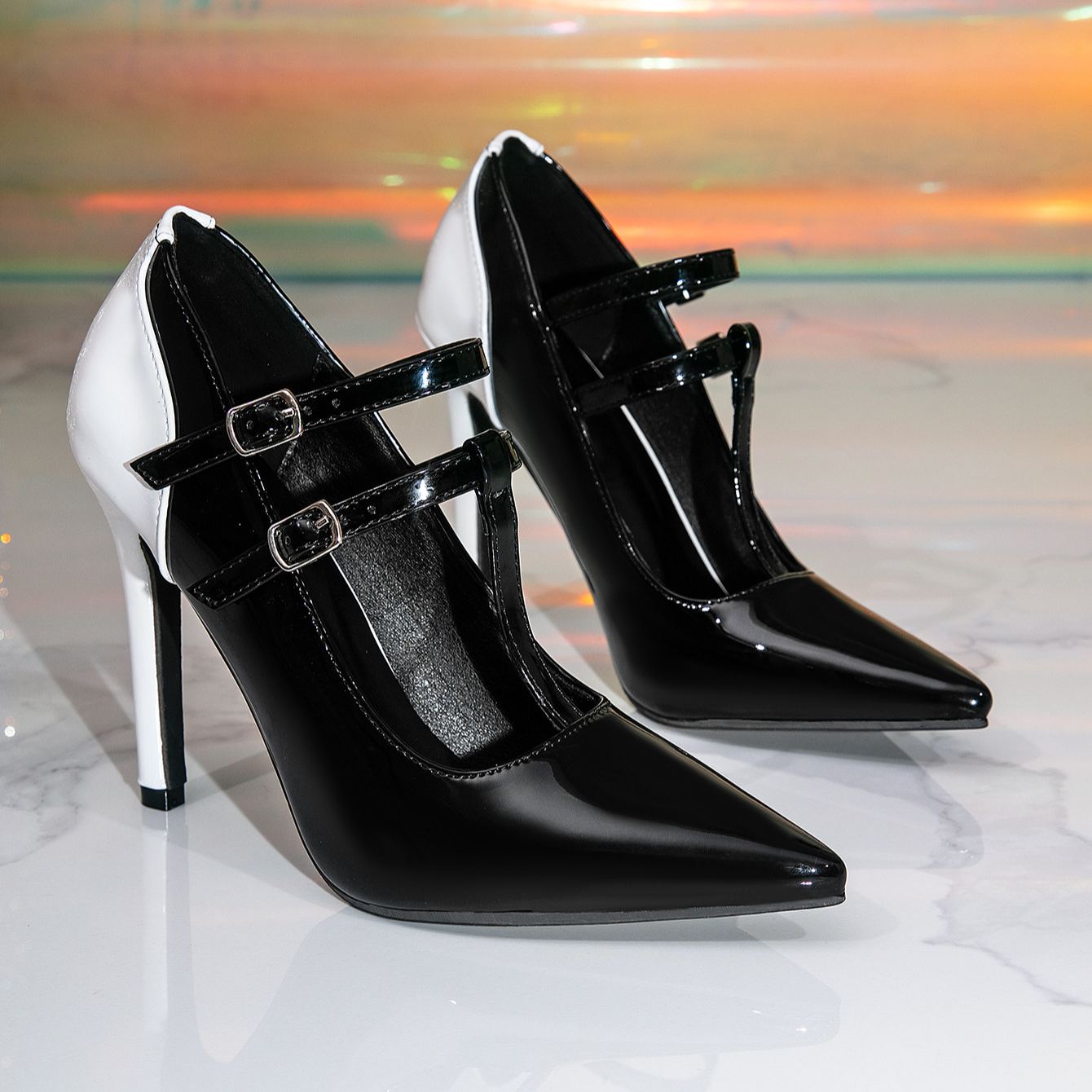 Shoeswoon Two‑Tone Pointed Toe Pumps Double Buckle Ankle Straps Glossy Patent Stiletto Heel