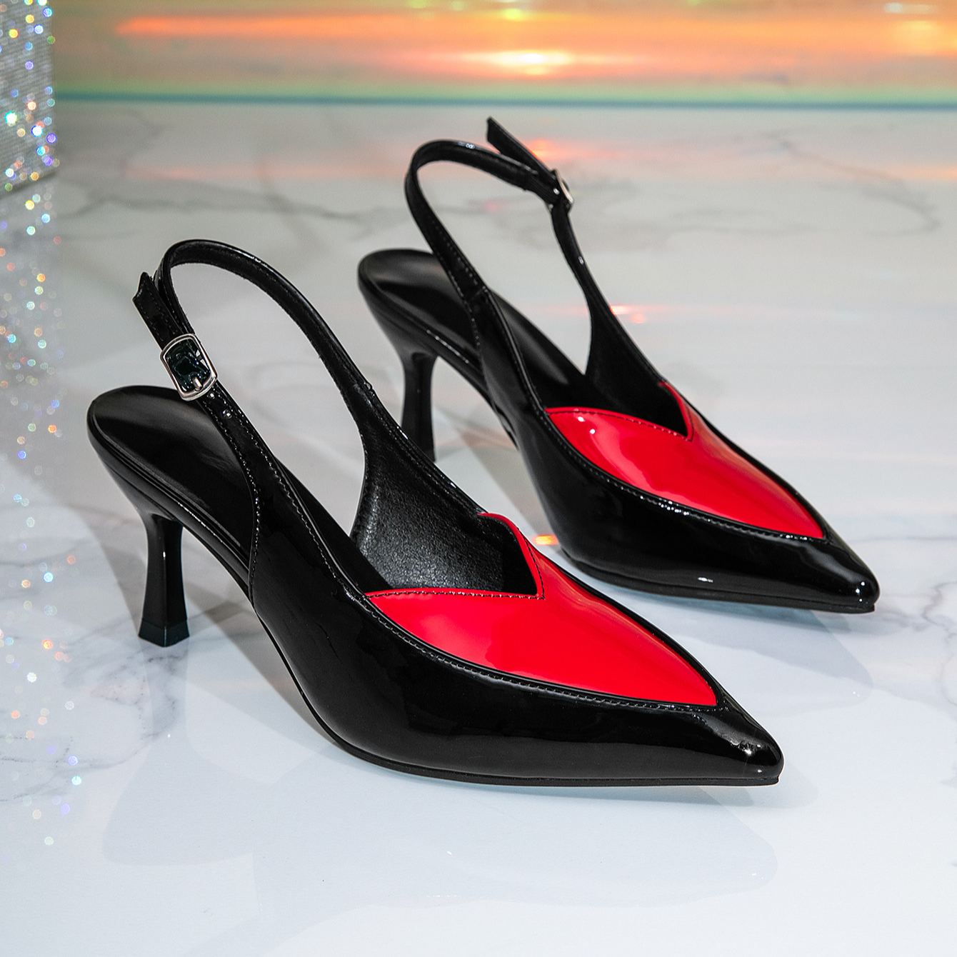 Shoeswoon Color‑Block Patent Slingback Pumps Pointed Toe Adjustable Buckle Strap Flared Kitten Heel