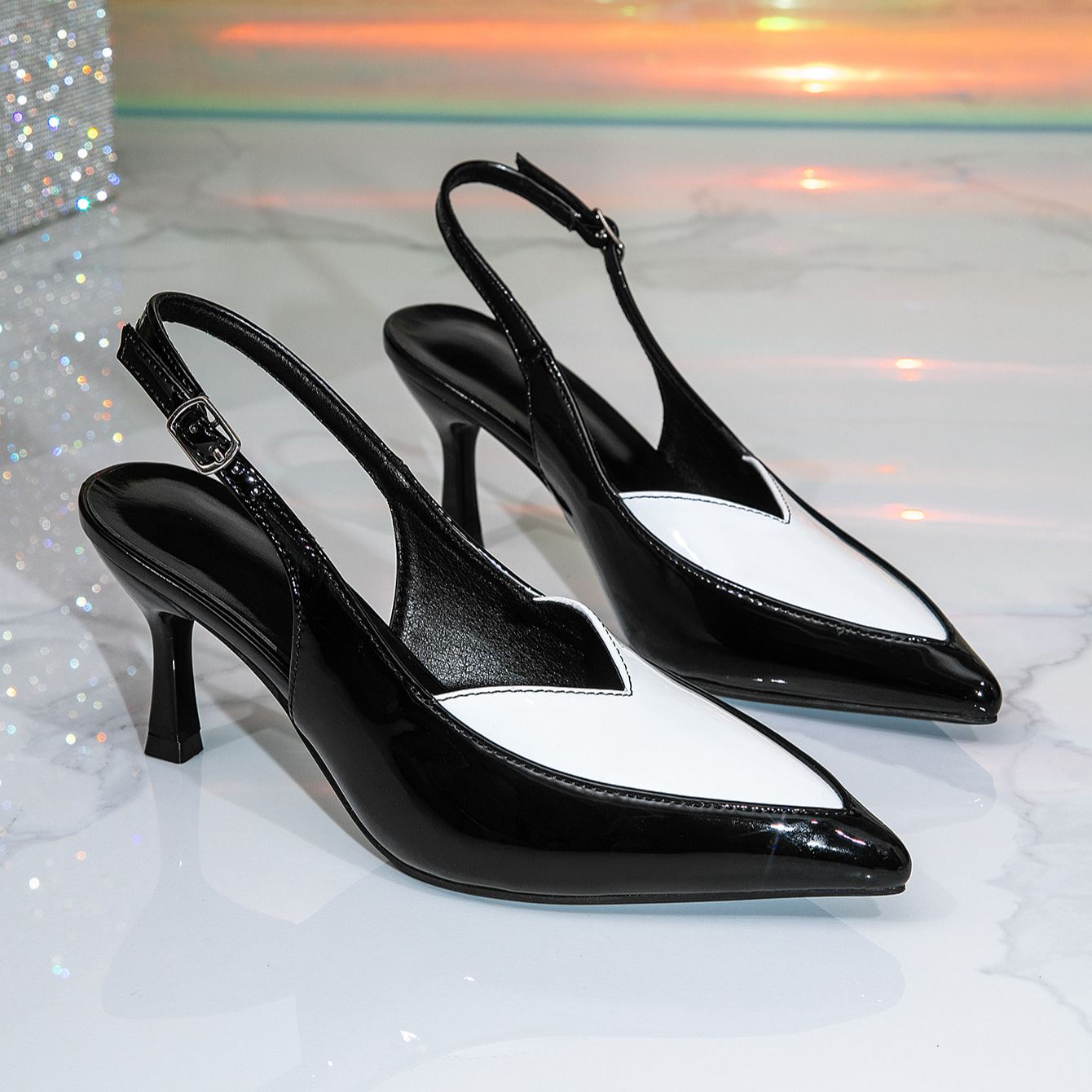 Shoeswoon Color‑Block Patent Slingback Pumps Pointed Toe Adjustable Buckle Strap Flared Kitten Heel