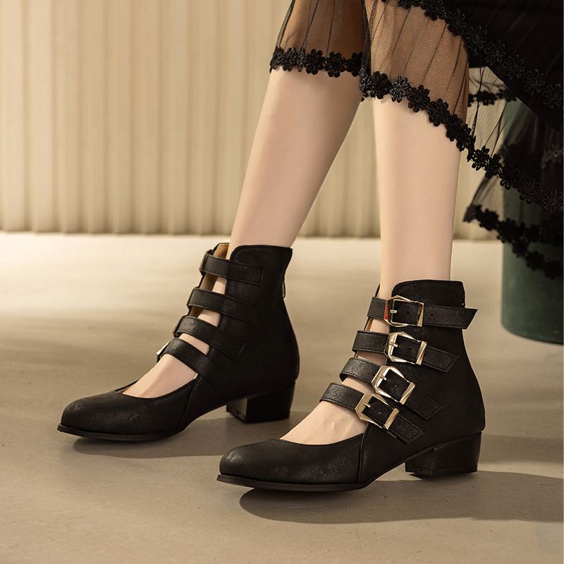 Shoeswoon Multi‑Buckle Cutout Ankle Booties Back Zipper Low Block Heel